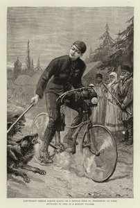 Lieutenant George Martos Riding on a Bicycle from St Petersburg to Paris Attacked by Dogs in a Russian Village by Charles J. Staniland